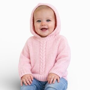 Vintage handmade baby girl blush pink cable knit hooded sweater